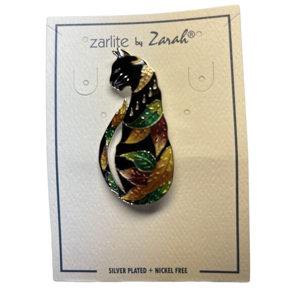 Zarah Time to Leave Cat Brooch Pin Autumn Leaves Sterling Silver Plated Enamel - Picture 2 of 3